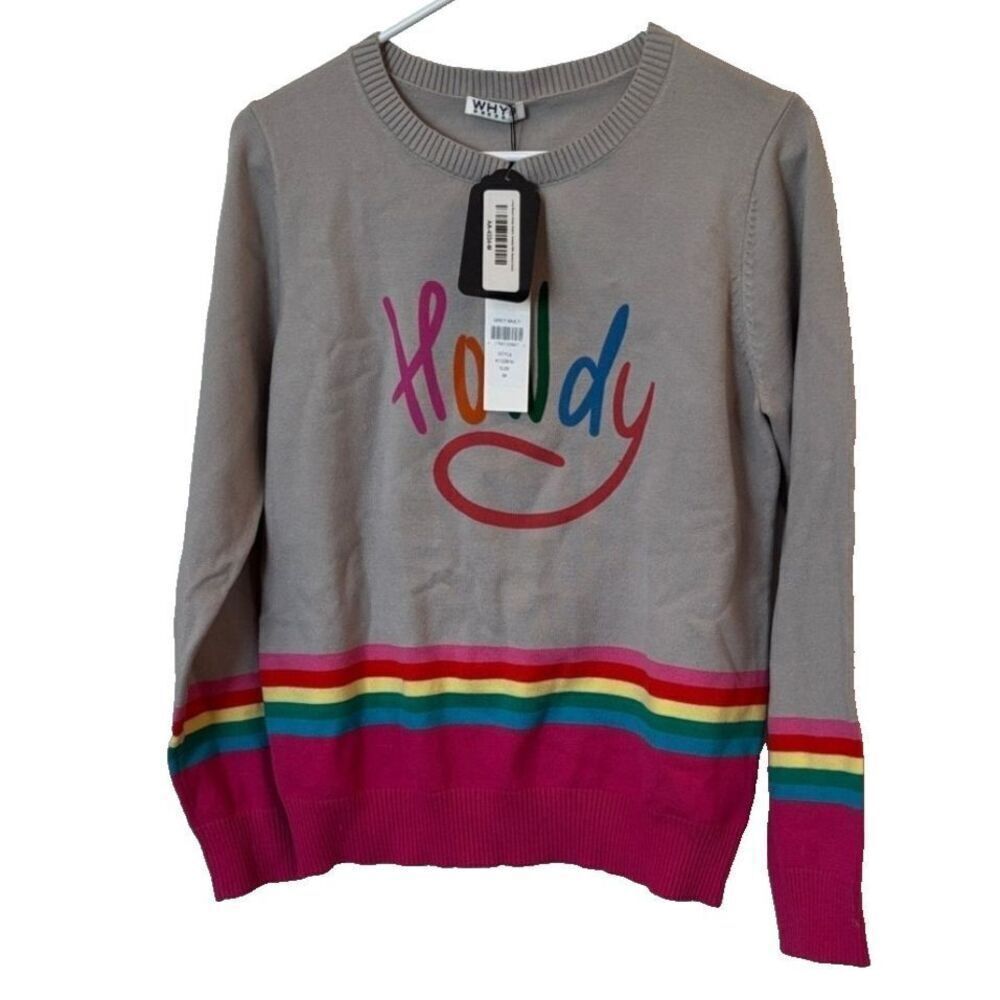 WHY Dress Knit Sweater Womens Size M Long Sleeve Howdy Logo Soft Viscose Rainbow